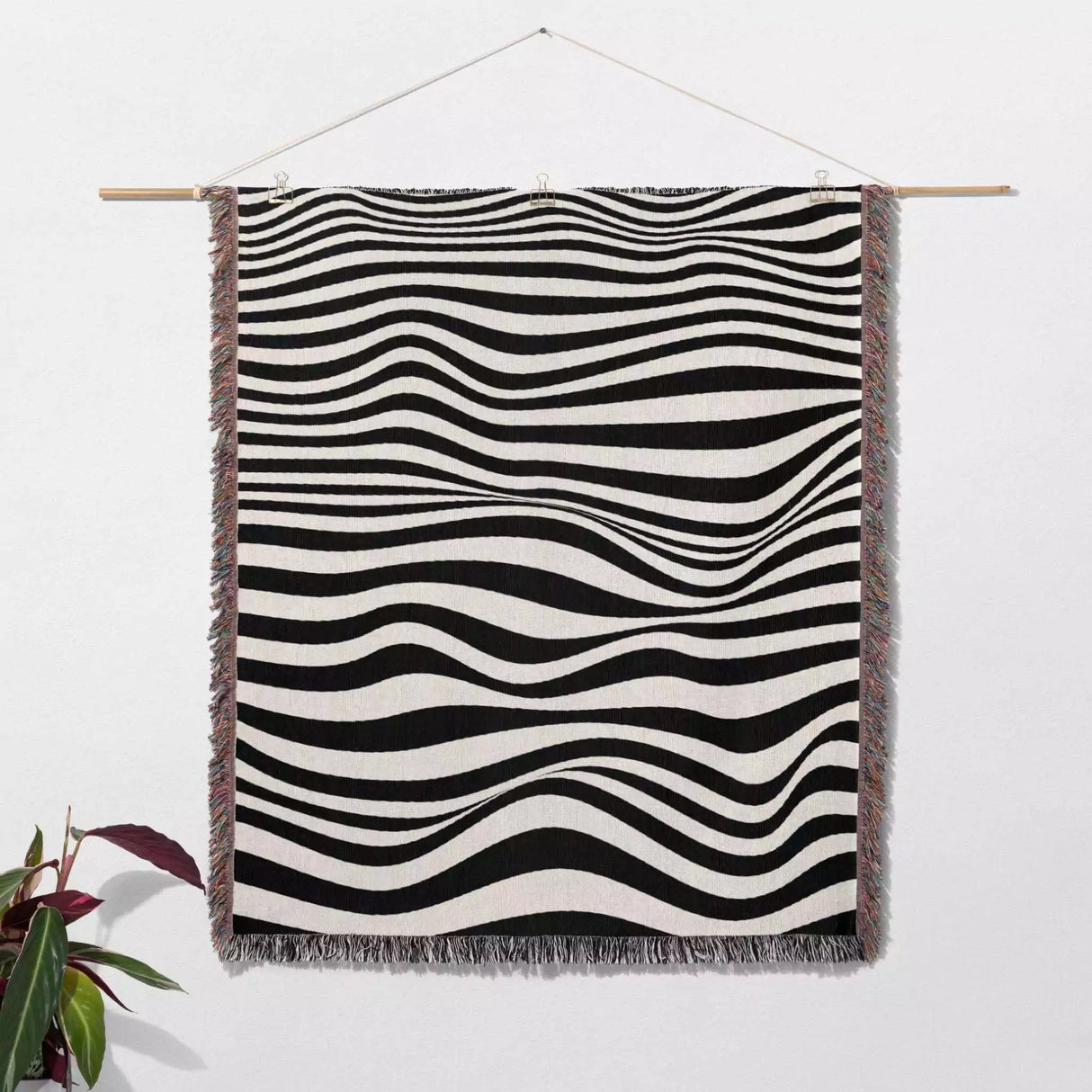Abstract Art Waves Black and White Monochrome Woven Throw Blanket and Tapestry - DesignerOllie.com