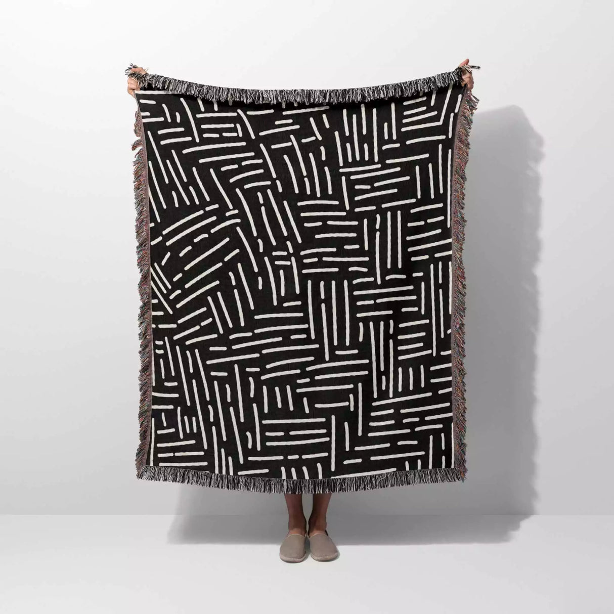 Abstract Hand Drawn Lines Black and White Monochrome Woven Throw Blanket and Tapestry - DesignerOllie.com