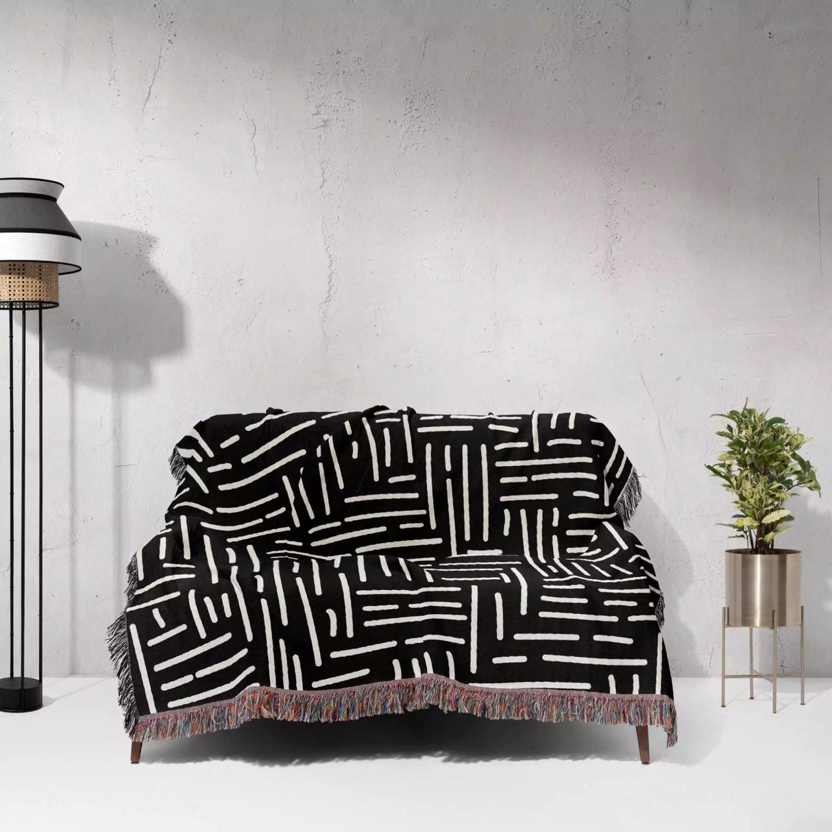 Abstract Hand Drawn Lines Black and White Monochrome Woven Throw Blanket and Tapestry - DesignerOllie.com