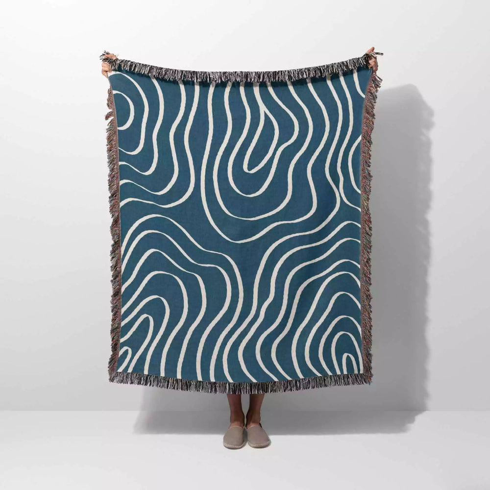 Abstract Lines Modern Art Blue Woven Throw Blanket and Tapestry - DesignerOllie.com