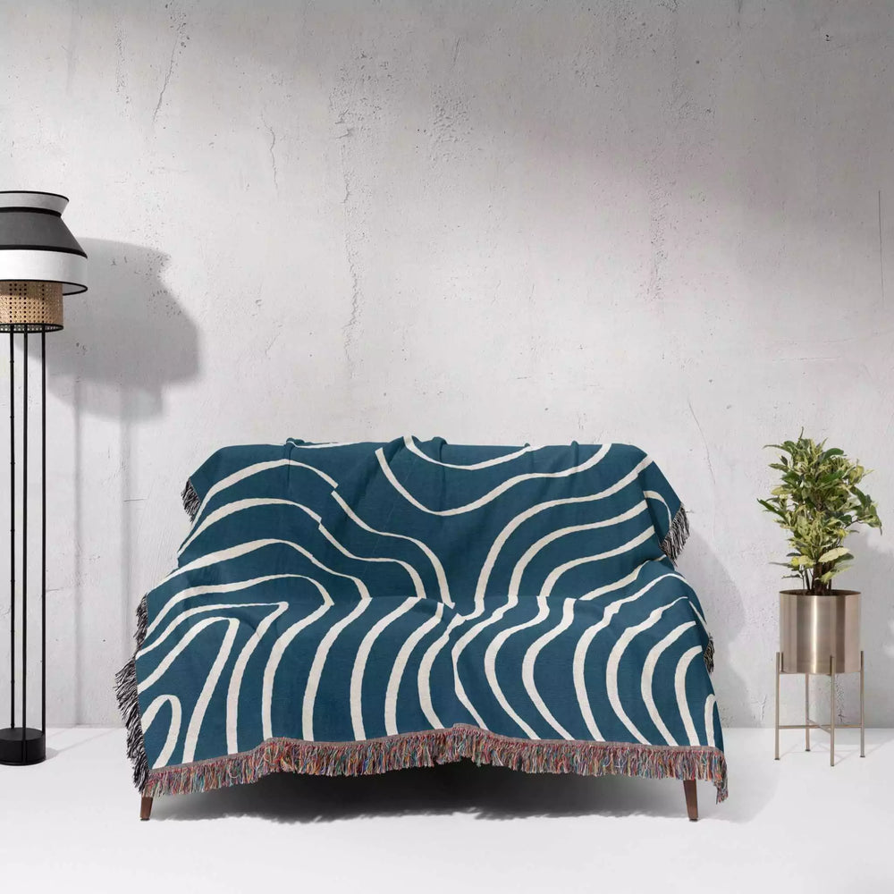 Abstract Lines Modern Art Blue Woven Throw Blanket and Tapestry - DesignerOllie.com