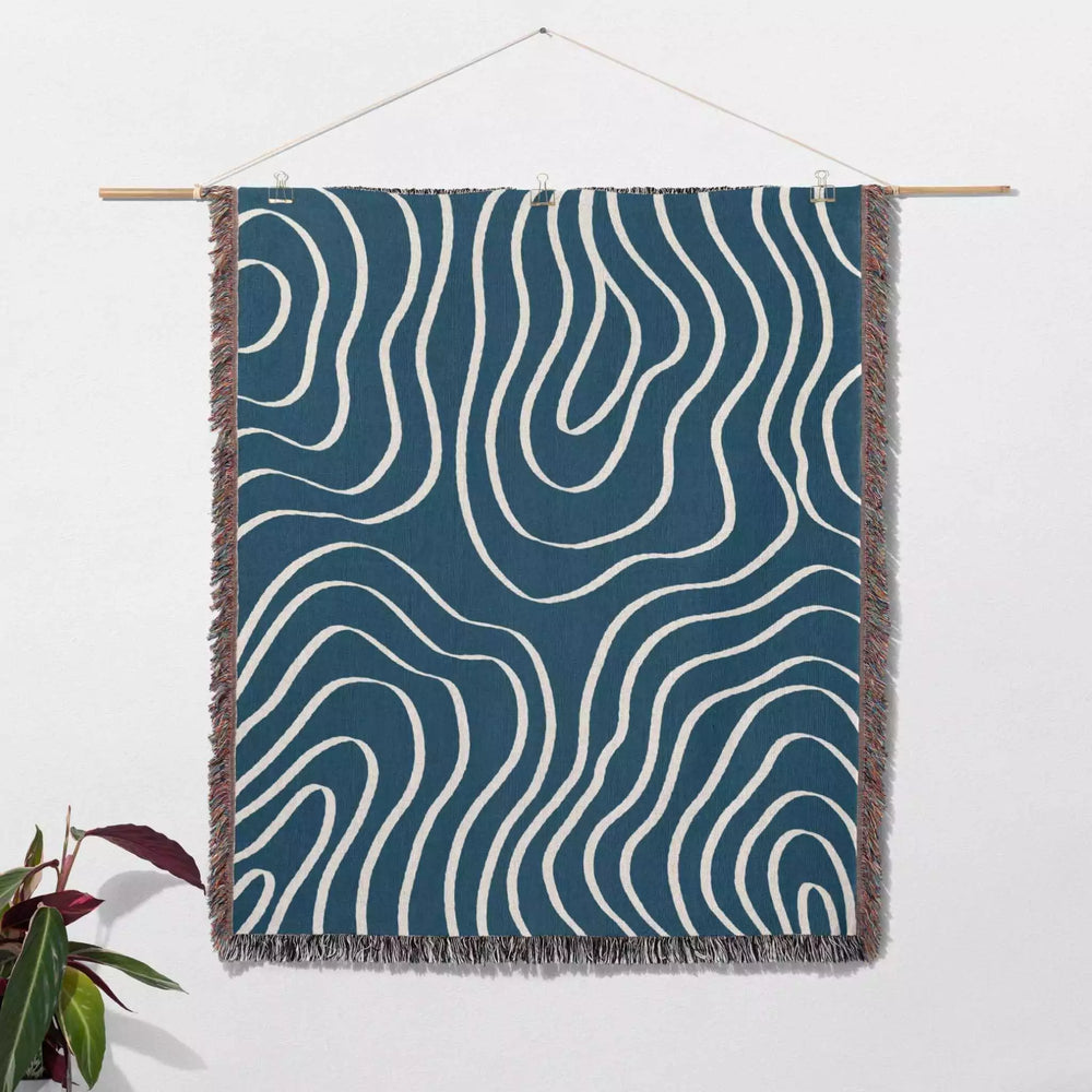 Abstract Lines Modern Art Blue Woven Throw Blanket and Tapestry - DesignerOllie.com