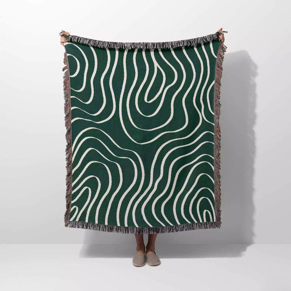 Abstract Lines Modern Art Forest Green Woven Throw Blanket and Tapestry - DesignerOllie.com
