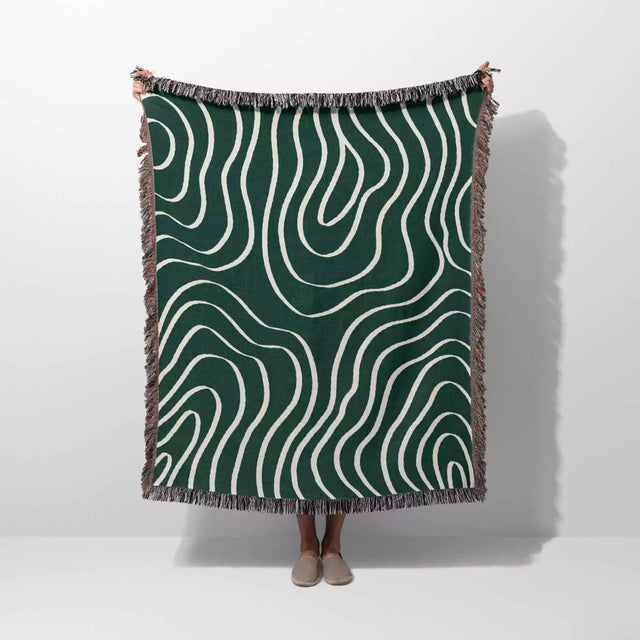 Abstract Lines Modern Art Forest Green Woven Throw Blanket and Tapestry - DesignerOllie.com