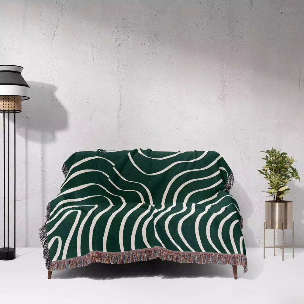 Abstract Lines Modern Art Forest Green Woven Throw Blanket and Tapestry - DesignerOllie.com