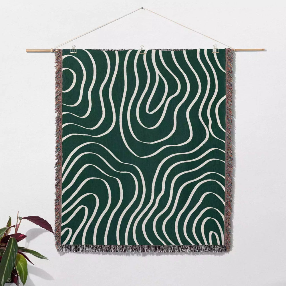Abstract Lines Modern Art Forest Green Woven Throw Blanket and Tapestry - DesignerOllie.com