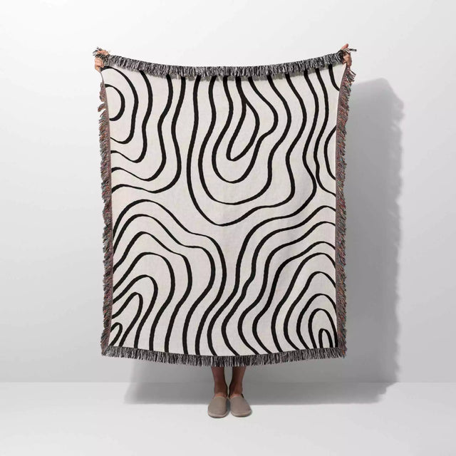 Abstract Lines Modern Black and White Woven Throw Blanket and Tapestry - DesignerOllie.com