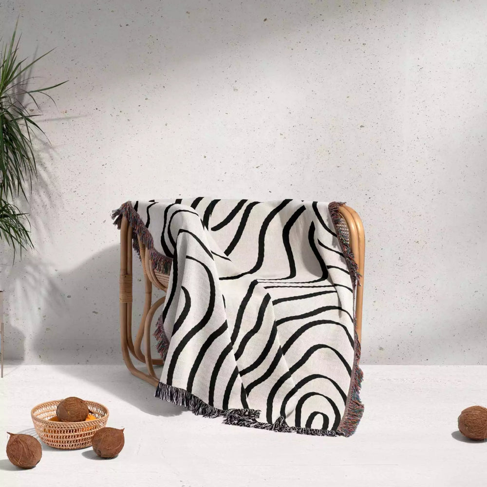Abstract Lines Modern Black and White Woven Throw Blanket and Tapestry - DesignerOllie.com