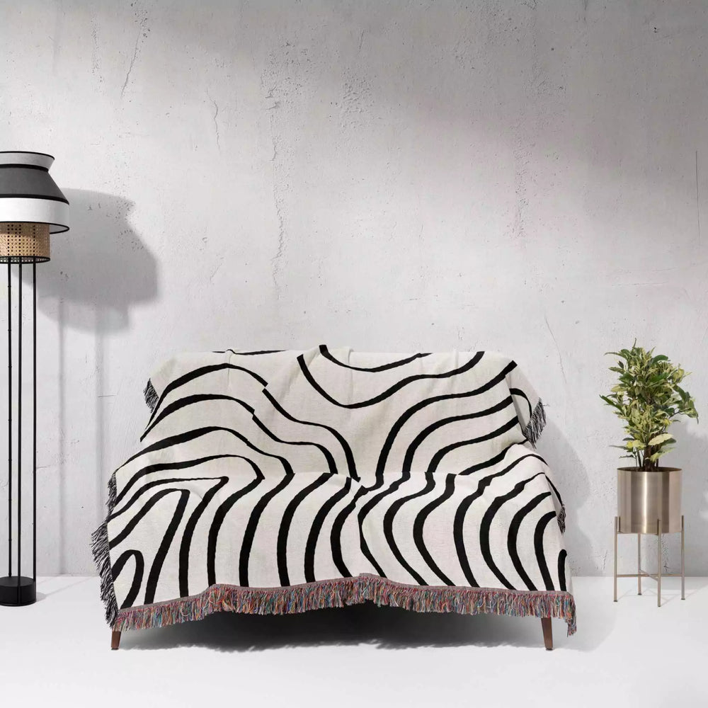Abstract Lines Modern Black and White Woven Throw Blanket and Tapestry - DesignerOllie.com