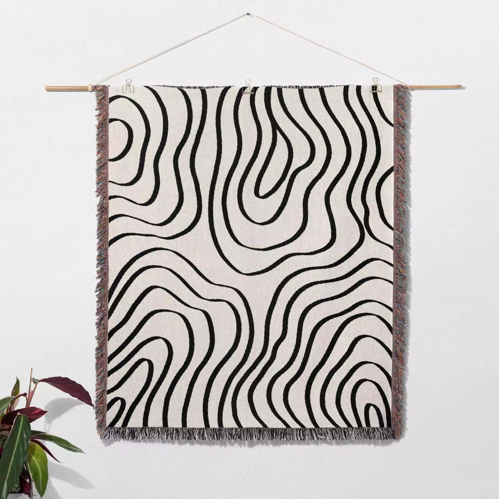 Abstract Lines Modern Black and White Woven Throw Blanket and Tapestry - DesignerOllie.com
