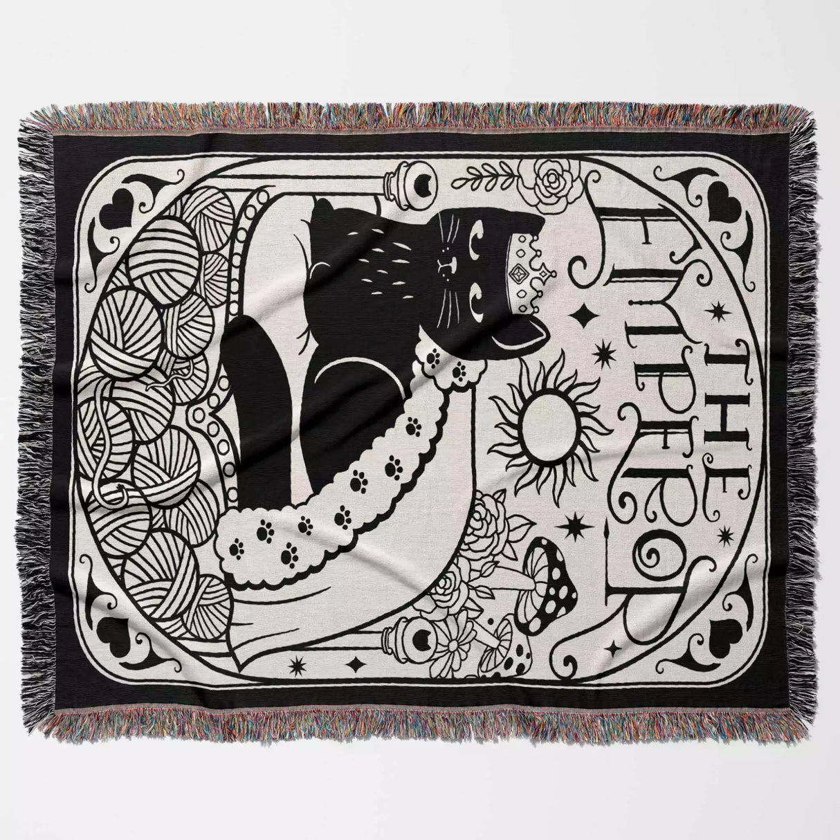 Black Cat Tarot Card The Emperor Black and White Woven Throw Blanket and Tapestry - DesignerOllie.com