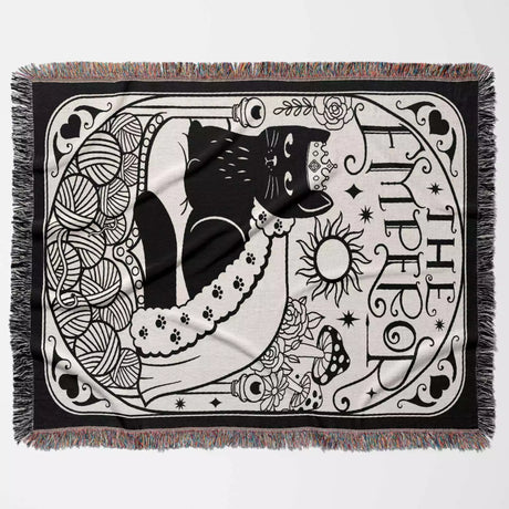 Black Cat Tarot Card The Emperor Black and White Woven Throw Blanket and Tapestry - DesignerOllie.com