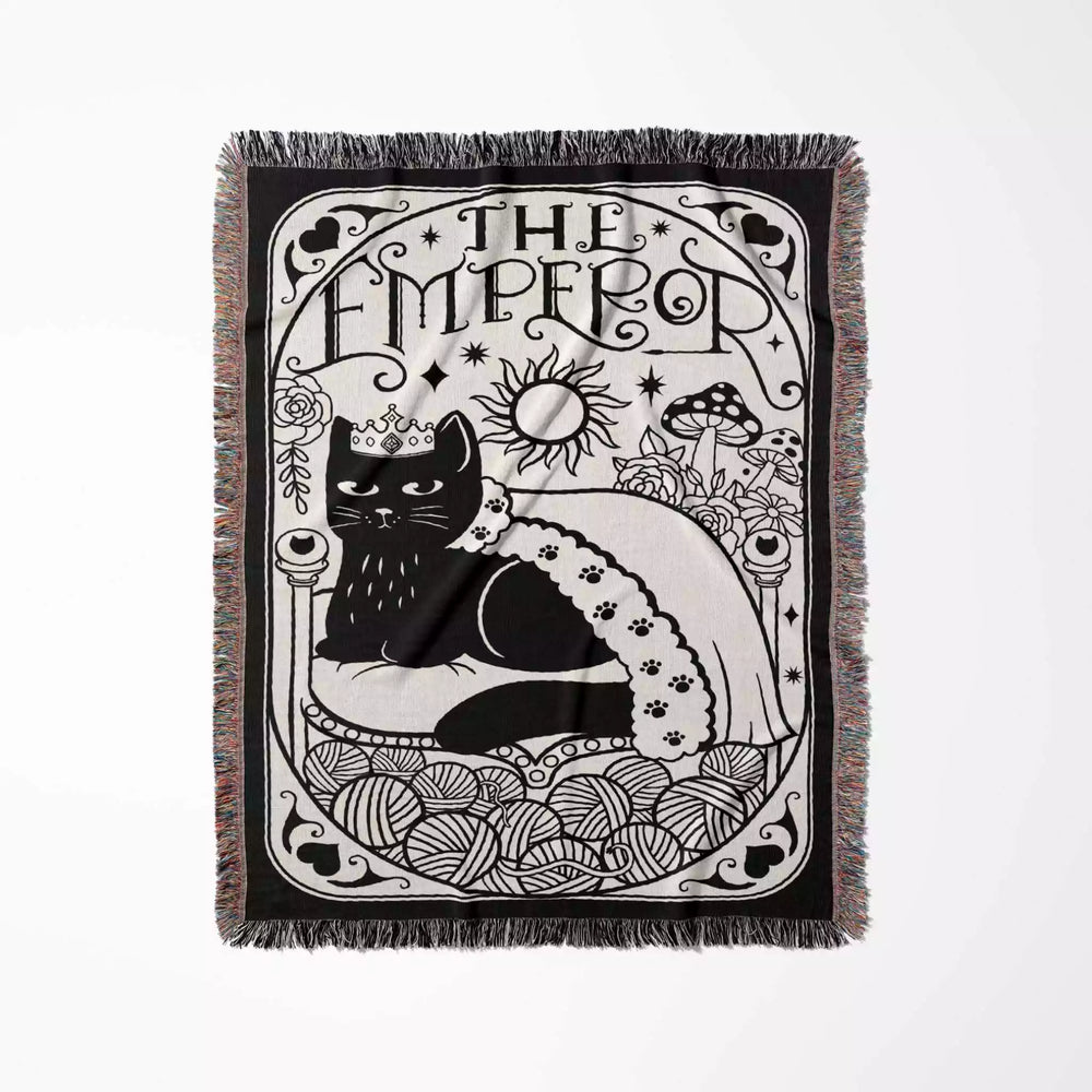 Black Cat Tarot Card The Emperor Black and White Woven Throw Blanket and Tapestry - DesignerOllie.com