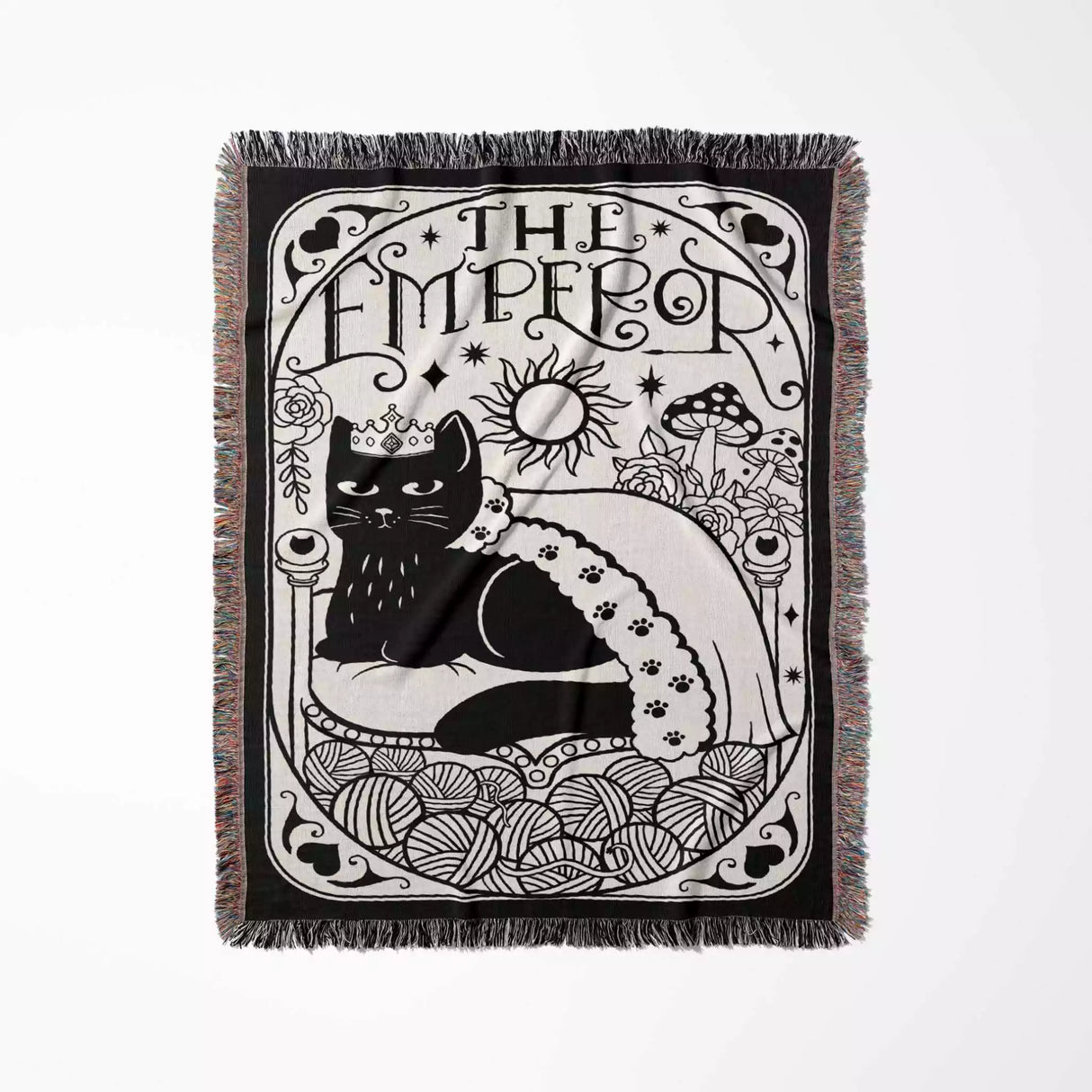 Black Cat Tarot Card The Emperor Black and White Woven Throw Blanket and Tapestry - DesignerOllie.com