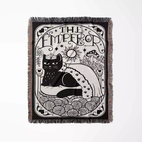 Black Cat Tarot Card The Emperor Black and White Woven Throw Blanket and Tapestry - DesignerOllie.com