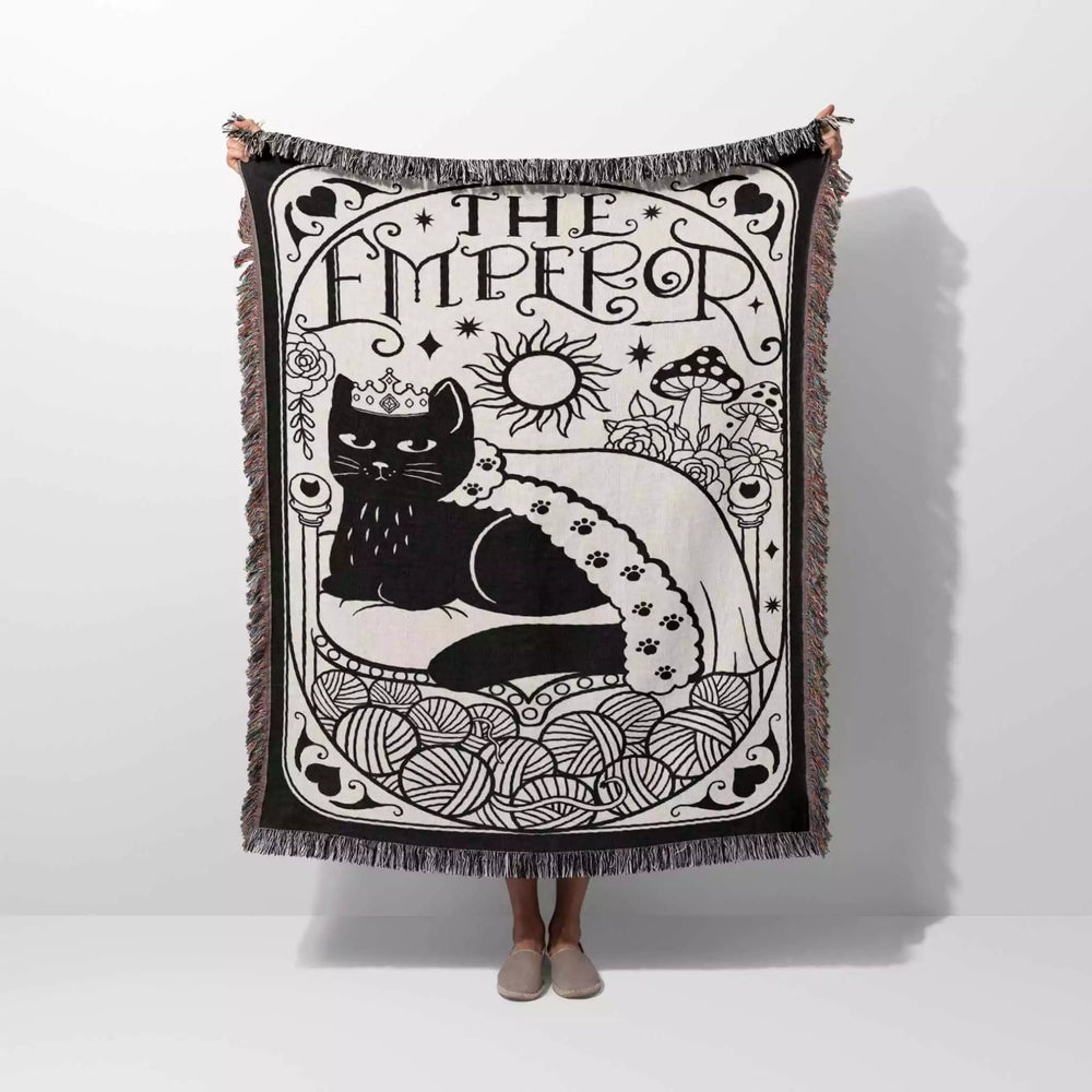 Black Cat Tarot Card The Emperor Black and White Woven Throw Blanket and Tapestry - DesignerOllie.com