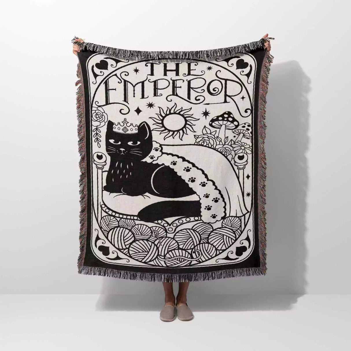 Black Cat Tarot Card The Emperor Black and White Woven Throw Blanket and Tapestry - DesignerOllie.com
