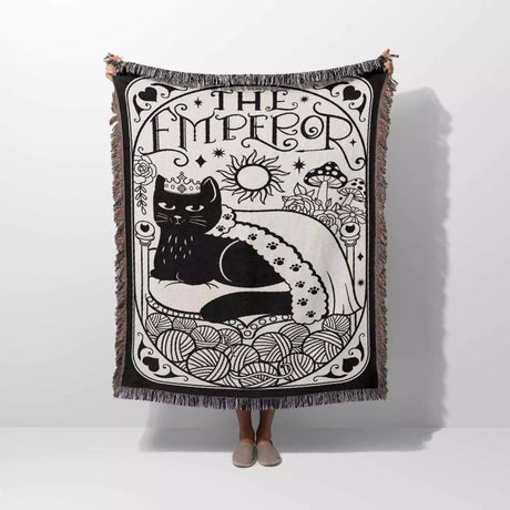 Black Cat Tarot Card The Emperor Black and White Woven Throw Blanket and Tapestry - DesignerOllie.com
