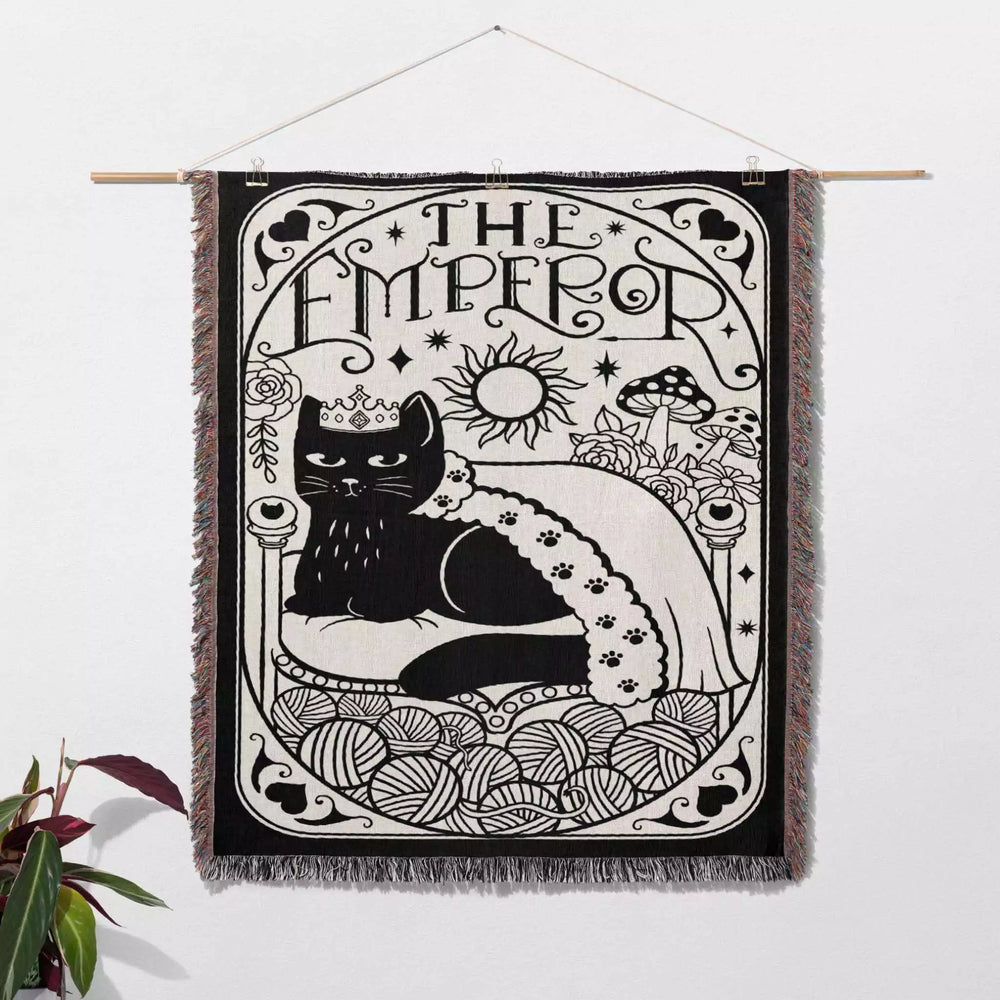 Black Cat Tarot Card The Emperor Black and White Woven Throw Blanket and Tapestry - DesignerOllie.com