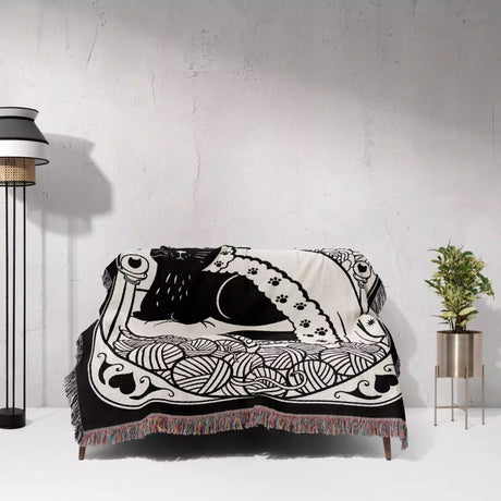 Black Cat Tarot Card The Emperor Black and White Woven Throw Blanket and Tapestry - DesignerOllie.com