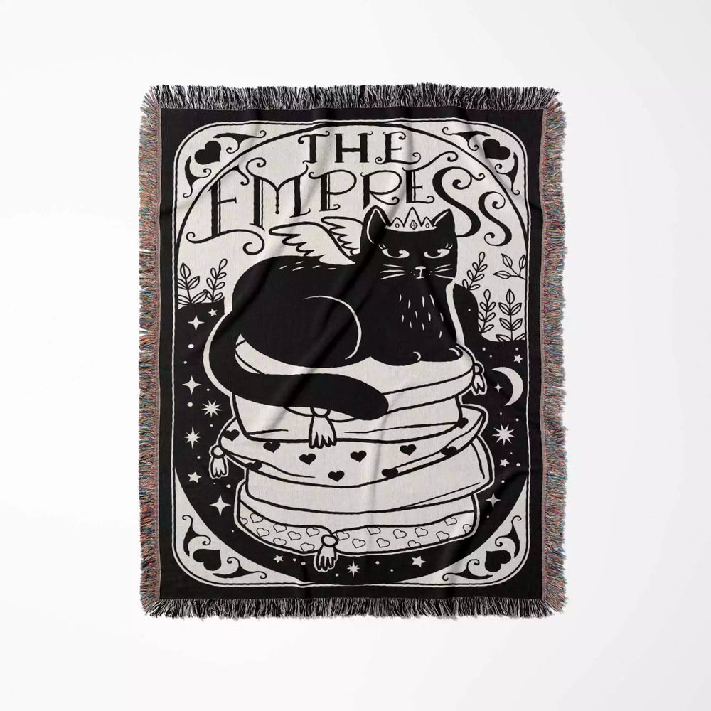 Black Cat Tarot Card The Empress Black and White Woven Throw Blanket and Tapestry - DesignerOllie.com
