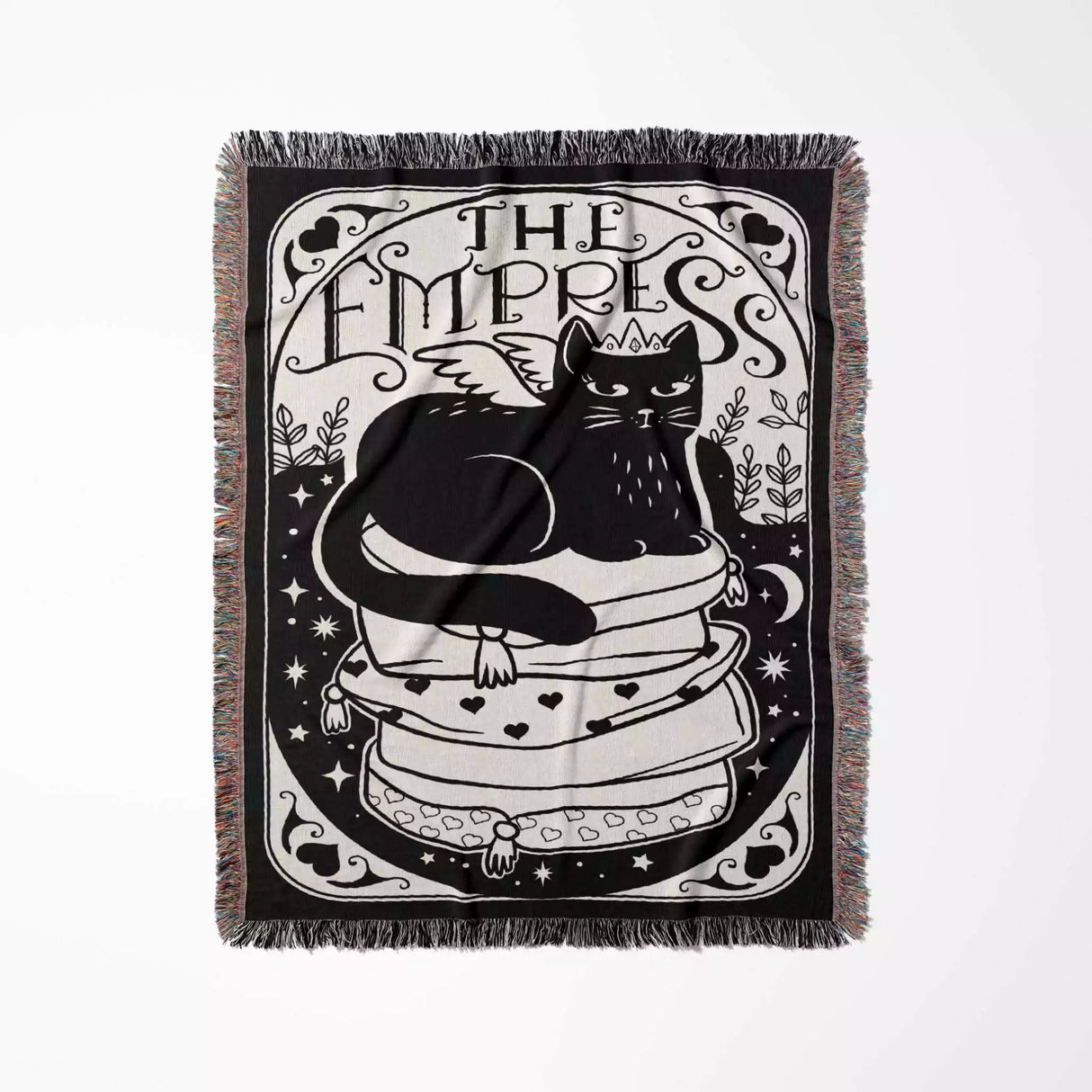 Black Cat Tarot Card The Empress Black and White Woven Throw Blanket and Tapestry - DesignerOllie.com