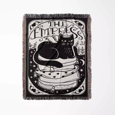 Black Cat Tarot Card The Empress Black and White Woven Throw Blanket and Tapestry - DesignerOllie.com
