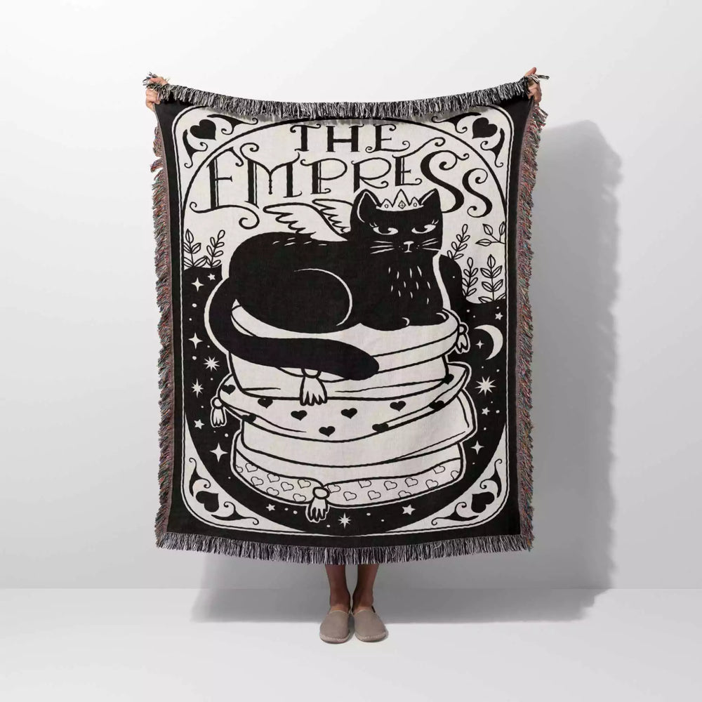 Black Cat Tarot Card The Empress Black and White Woven Throw Blanket and Tapestry - DesignerOllie.com