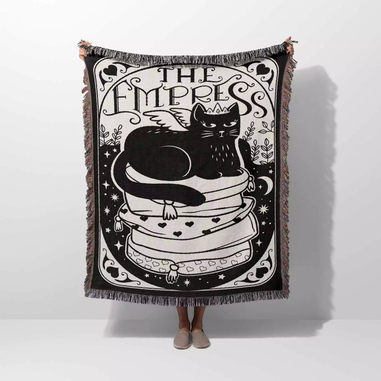 Black Cat Tarot Card The Empress Black and White Woven Throw Blanket and Tapestry - DesignerOllie.com