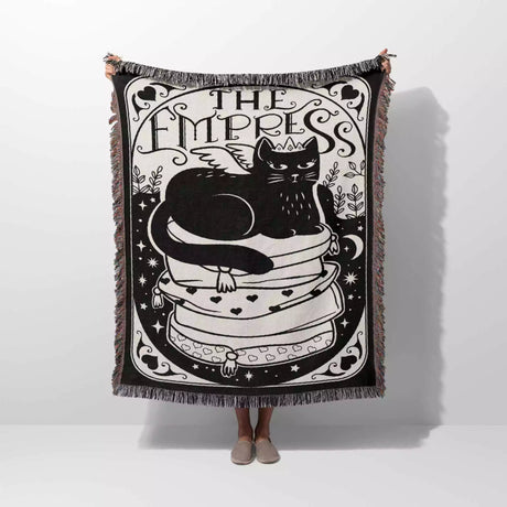 Black Cat Tarot Card The Empress Black and White Woven Throw Blanket and Tapestry - DesignerOllie.com