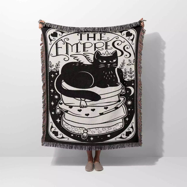 Black Cat Tarot Card The Empress Black and White Woven Throw Blanket and Tapestry - DesignerOllie.com