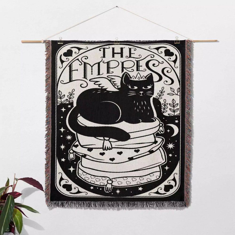 Black Cat Tarot Card The Empress Black and White Woven Throw Blanket and Tapestry - DesignerOllie.com