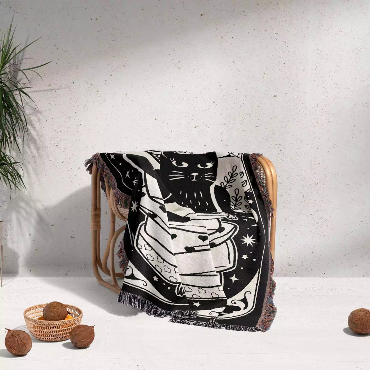 Black Cat Tarot Card The Empress Black and White Woven Throw Blanket and Tapestry - DesignerOllie.com