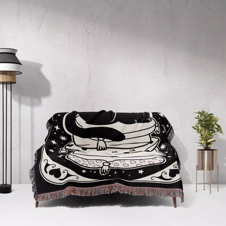 Black Cat Tarot Card The Empress Black and White Woven Throw Blanket and Tapestry - DesignerOllie.com