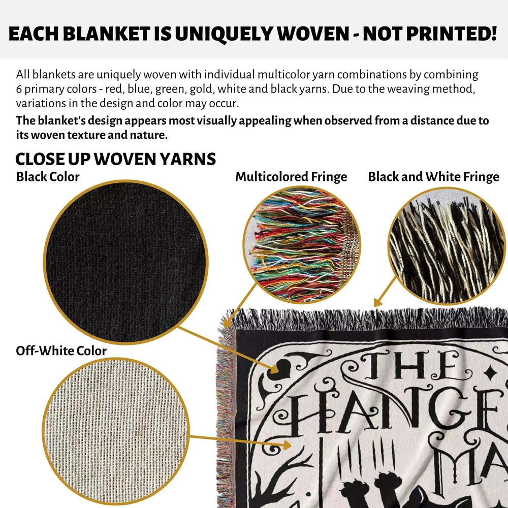 Black Cat Tarot Card The Hanged Man Black and White Woven Throw Blanket and Tapestry - DesignerOllie.com