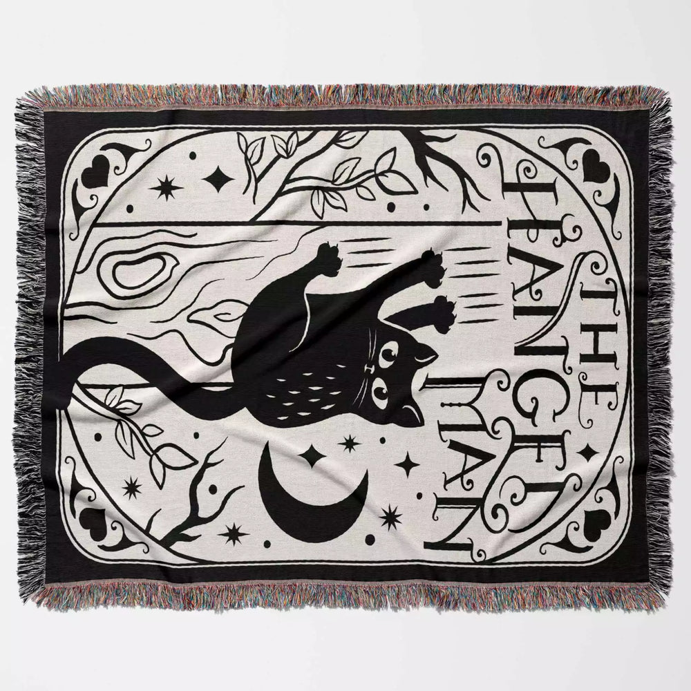 Black Cat Tarot Card The Hanged Man Black and White Woven Throw Blanket and Tapestry - DesignerOllie.com