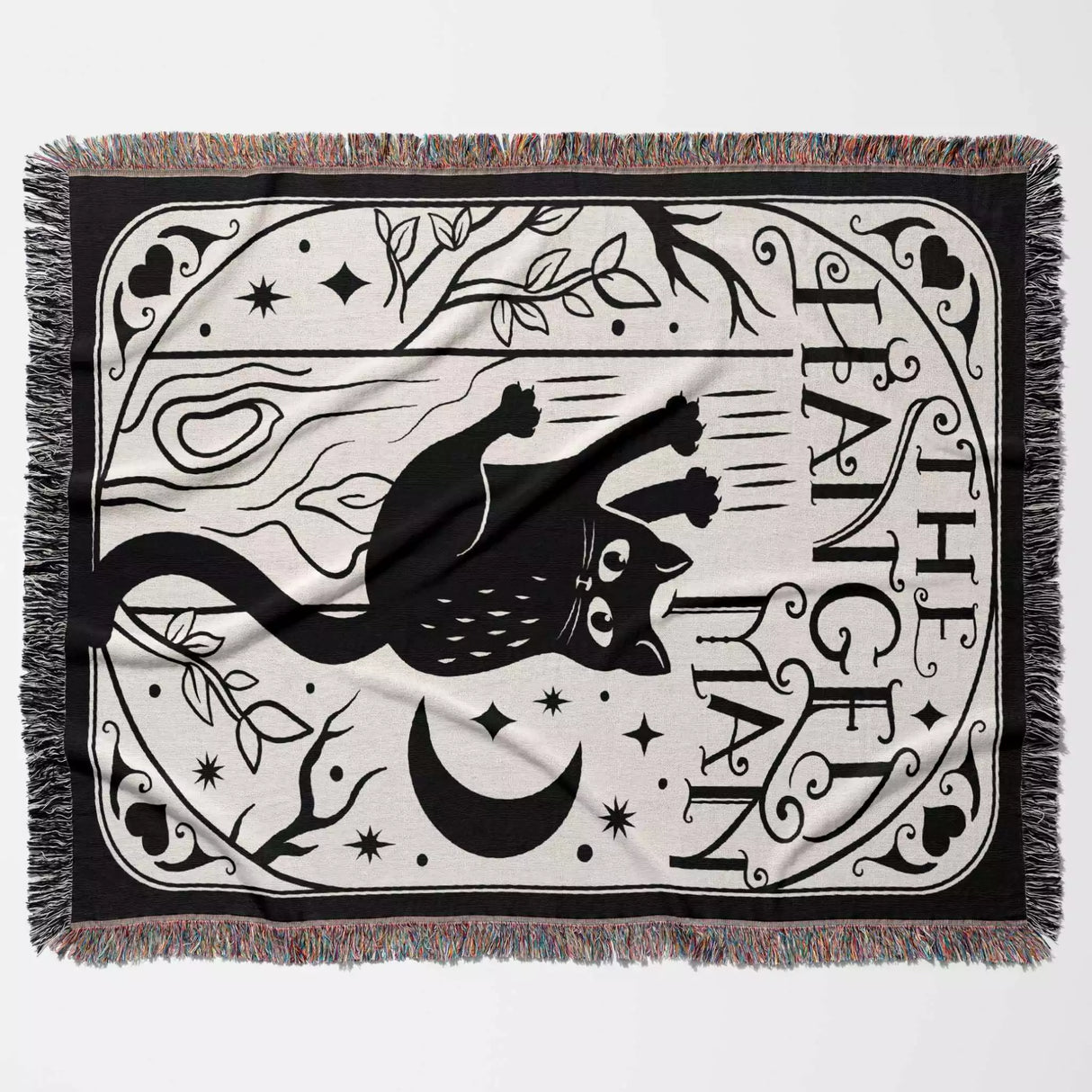 Black Cat Tarot Card The Hanged Man Black and White Woven Throw Blanket and Tapestry - DesignerOllie.com