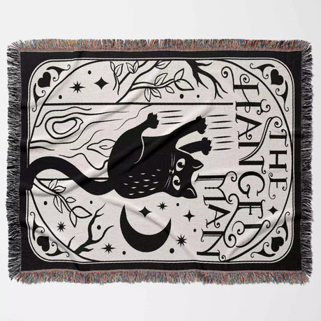 Black Cat Tarot Card The Hanged Man Black and White Woven Throw Blanket and Tapestry - DesignerOllie.com