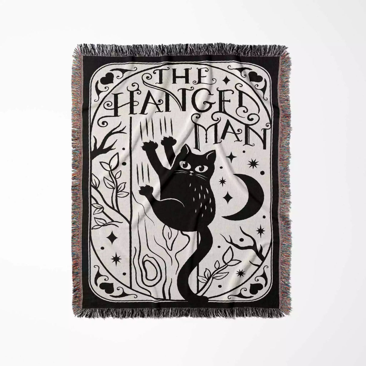 Black Cat Tarot Card The Hanged Man Black and White Woven Throw Blanket and Tapestry - DesignerOllie.com