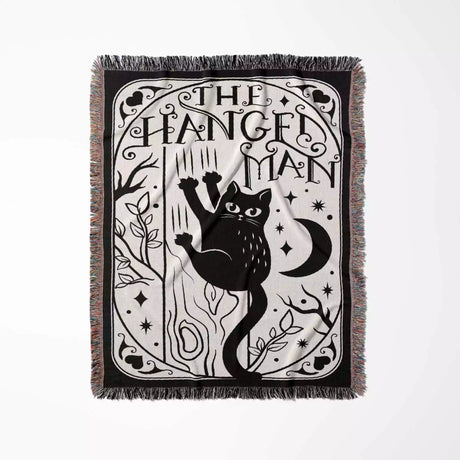 Black Cat Tarot Card The Hanged Man Black and White Woven Throw Blanket and Tapestry - DesignerOllie.com