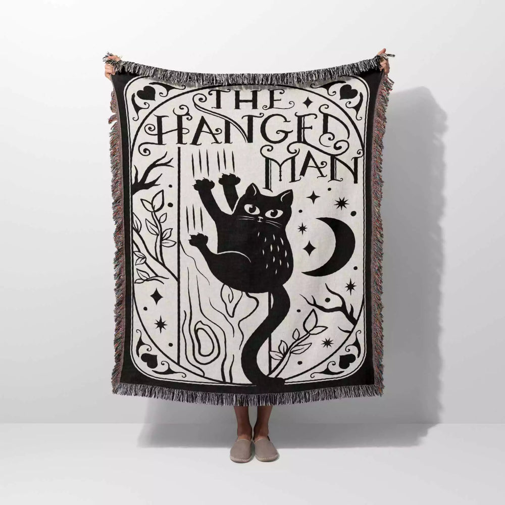 Black Cat Tarot Card The Hanged Man Black and White Woven Throw Blanket and Tapestry - DesignerOllie.com