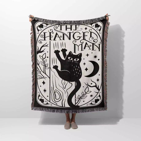 Black Cat Tarot Card The Hanged Man Black and White Woven Throw Blanket and Tapestry - DesignerOllie.com