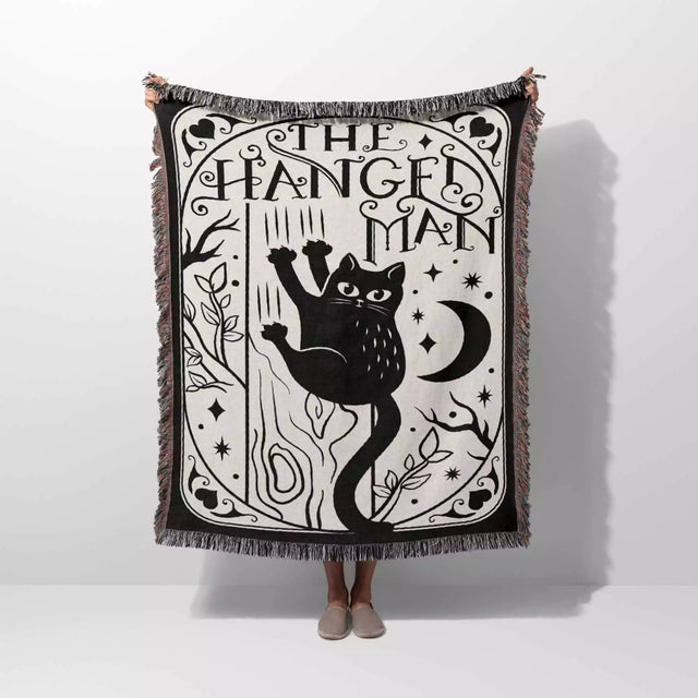 Black Cat Tarot Card The Hanged Man Black and White Woven Throw Blanket and Tapestry - DesignerOllie.com