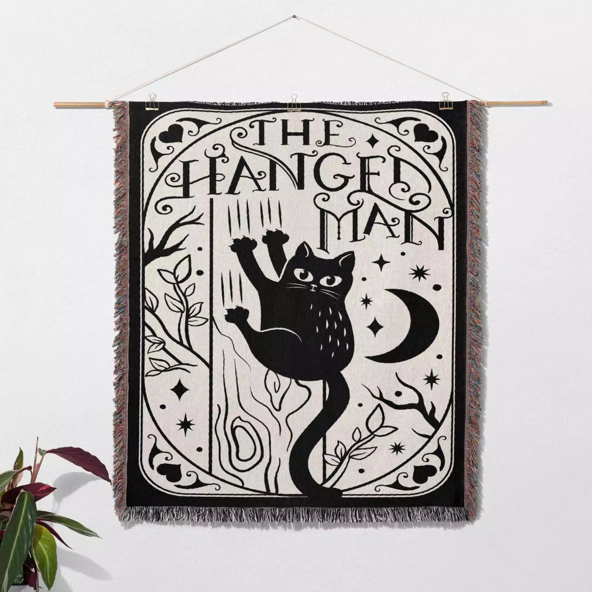 Black Cat Tarot Card The Hanged Man Black and White Woven Throw Blanket and Tapestry - DesignerOllie.com