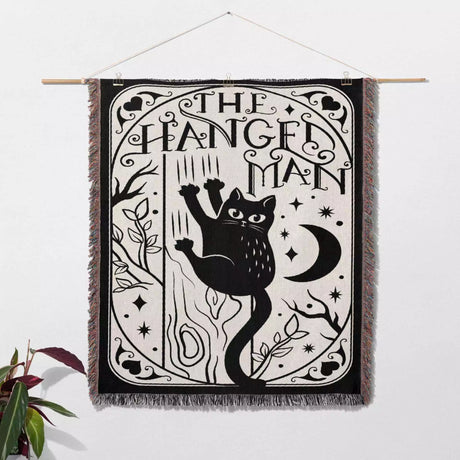 Black Cat Tarot Card The Hanged Man Black and White Woven Throw Blanket and Tapestry - DesignerOllie.com