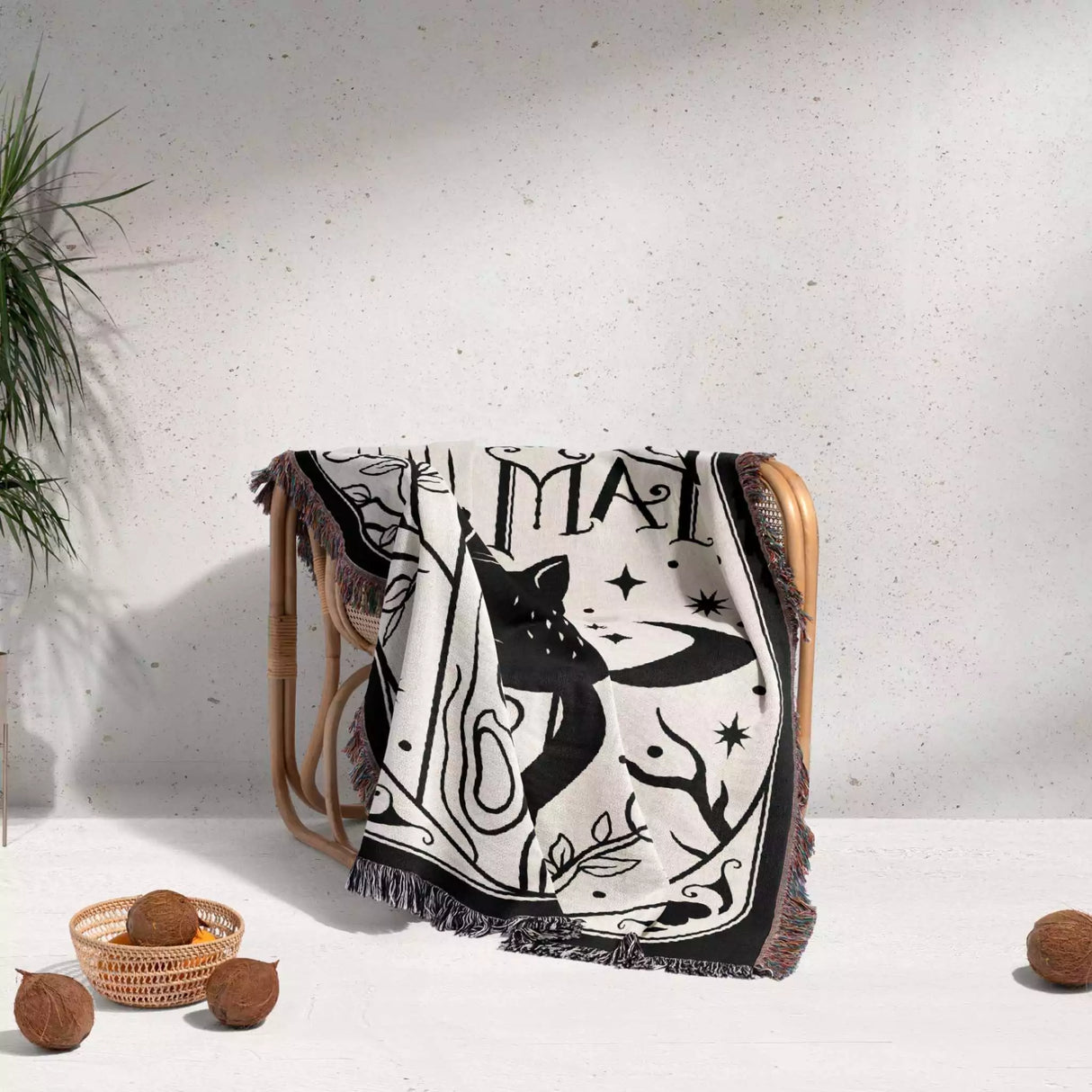 Black Cat Tarot Card The Hanged Man Black and White Woven Throw Blanket and Tapestry - DesignerOllie.com