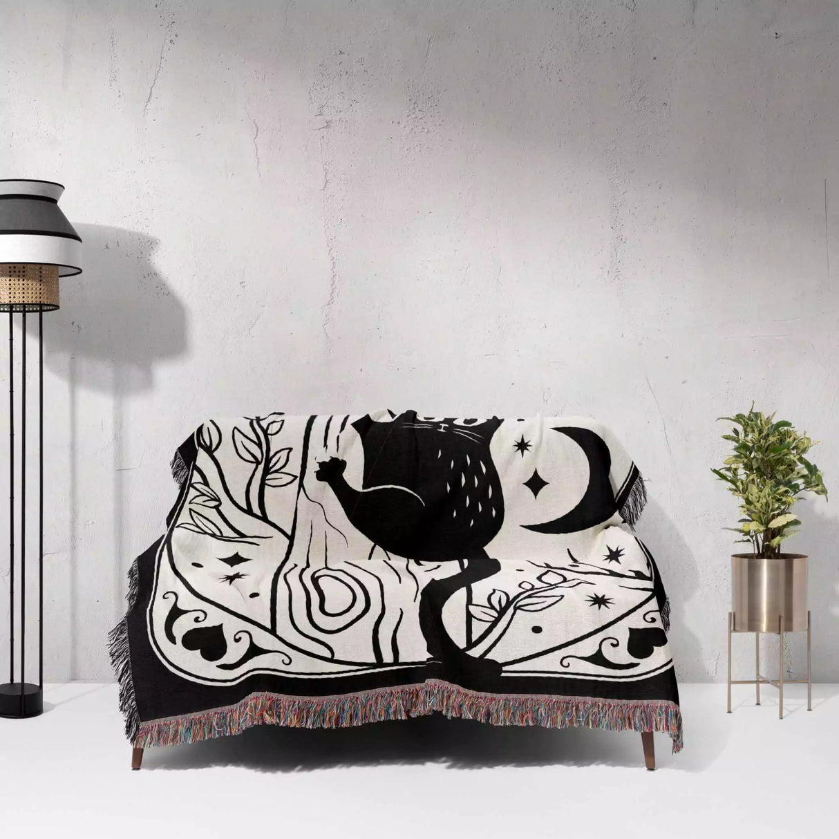 Black Cat Tarot Card The Hanged Man Black and White Woven Throw Blanket and Tapestry - DesignerOllie.com