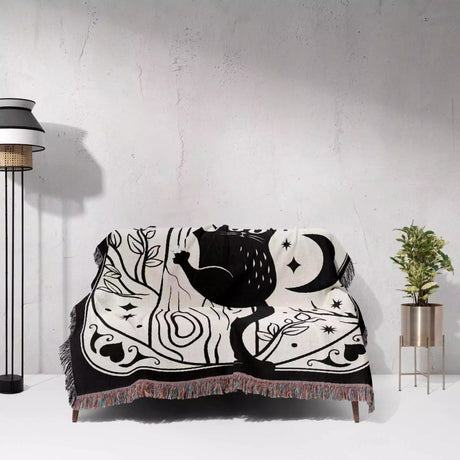 Black Cat Tarot Card The Hanged Man Black and White Woven Throw Blanket and Tapestry - DesignerOllie.com