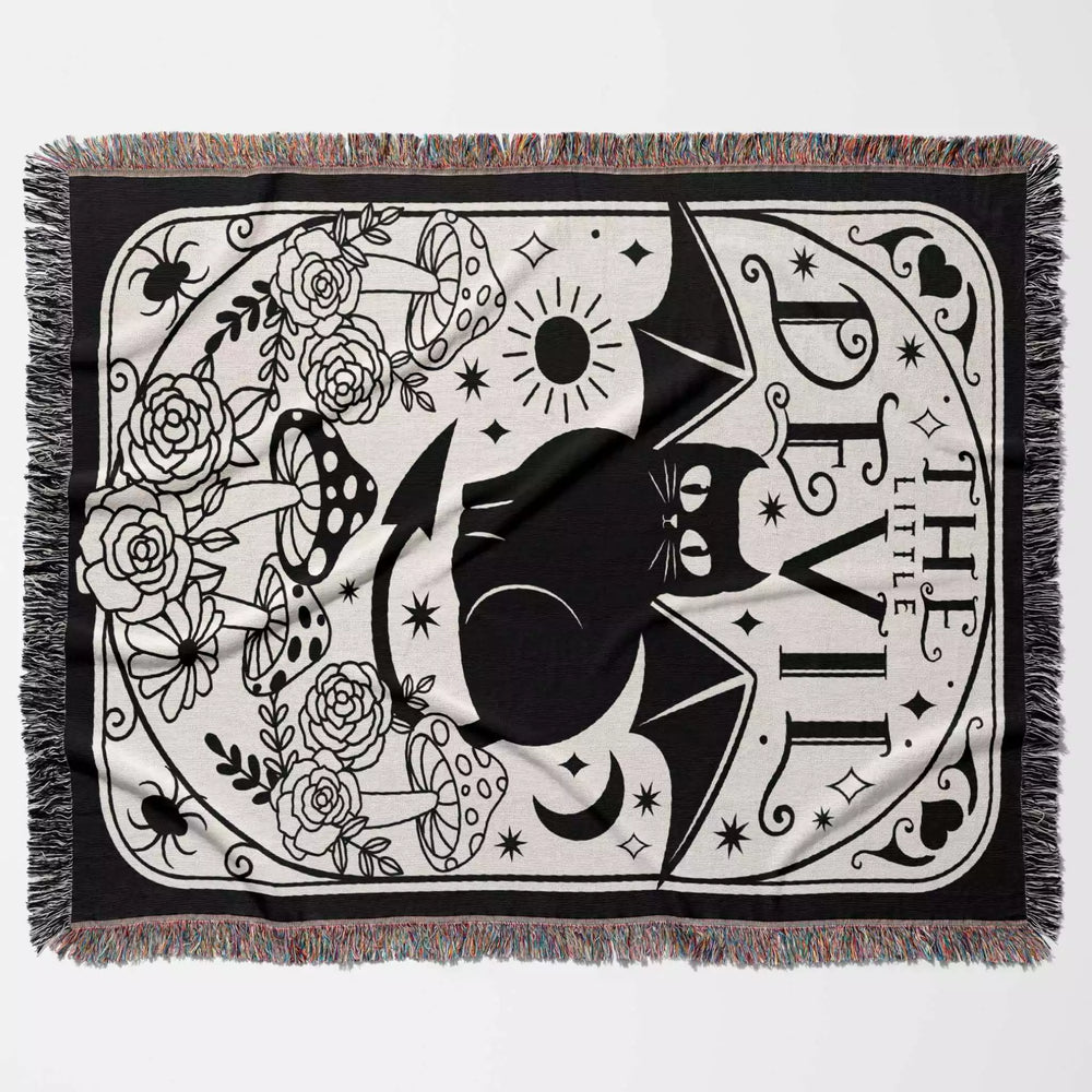 Black Cat Tarot Card The Little Devil Black and White Woven Throw Blanket and Tapestry - DesignerOllie.com
