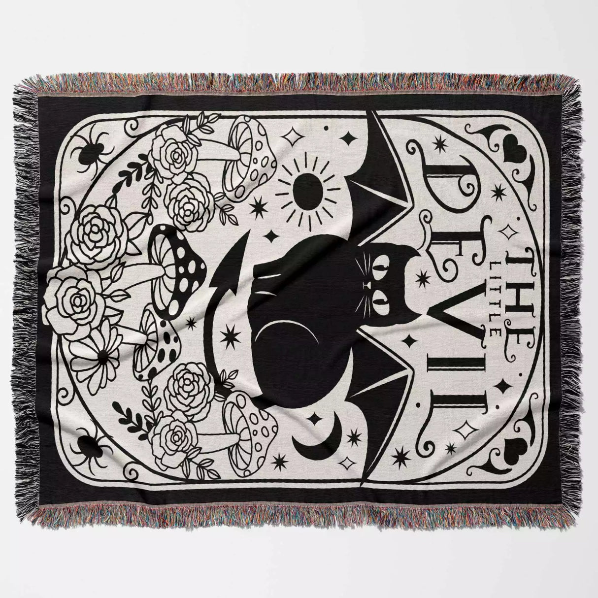 Black Cat Tarot Card The Little Devil Black and White Woven Throw Blanket and Tapestry - DesignerOllie.com